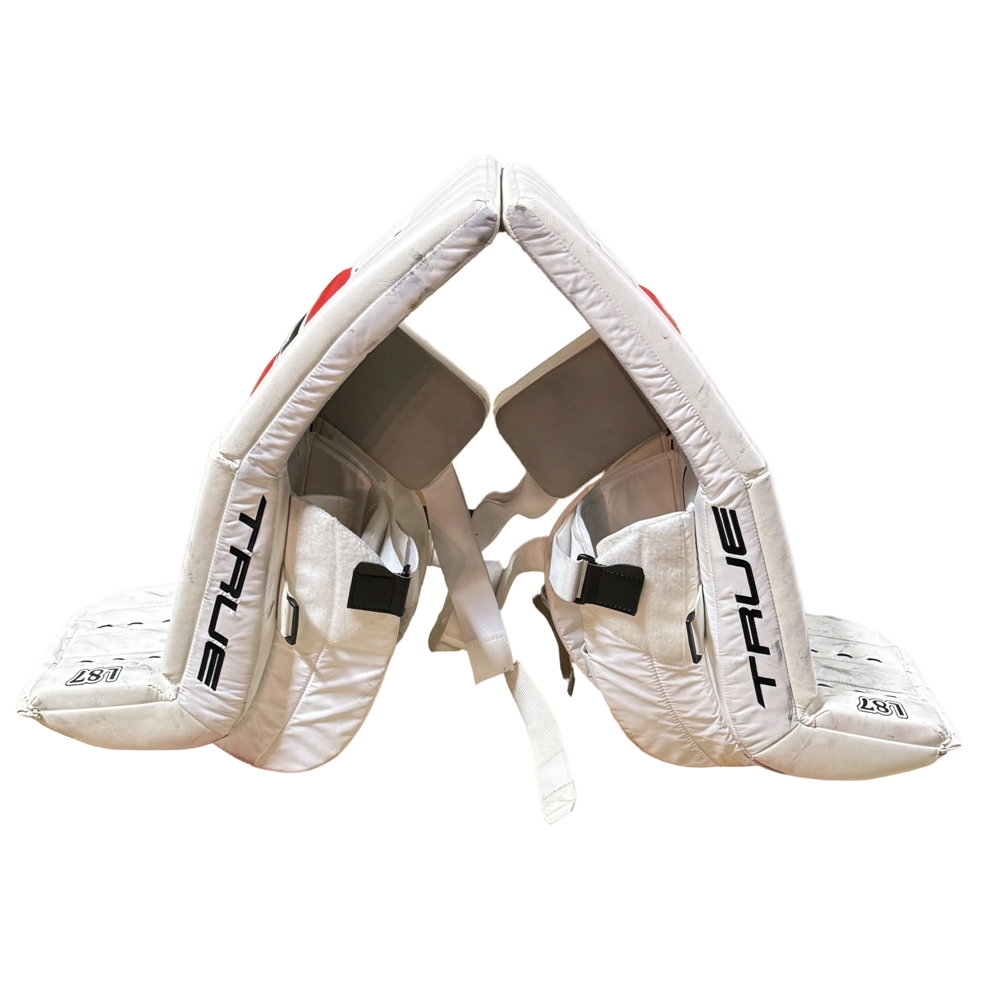 True Catalyst L87 - Used Pro Stock Goalie Pads - Carter George (White/Red/Black)