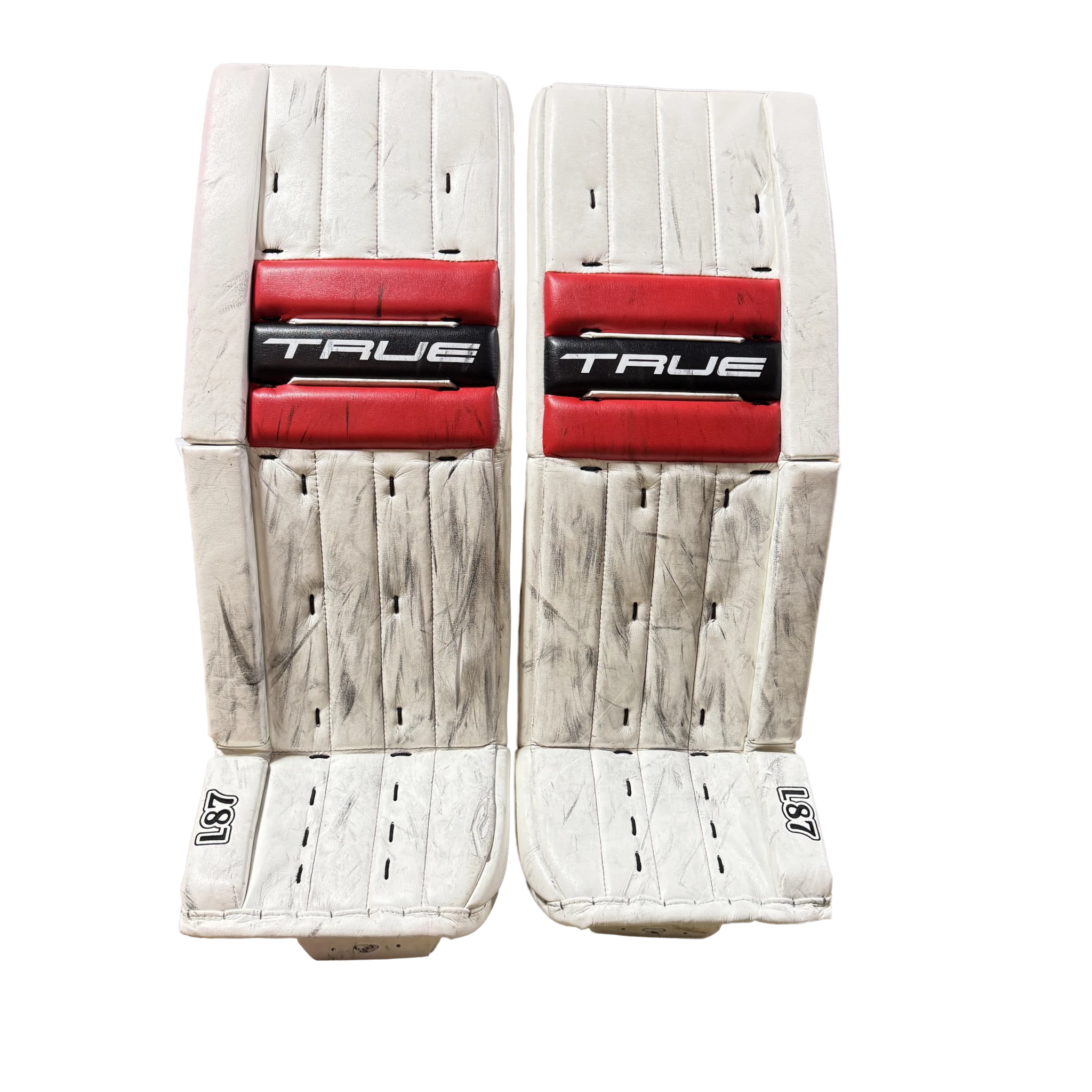 True Catalyst L87 - Used Pro Stock Goalie Pads - Carter George (White/Red/Black)