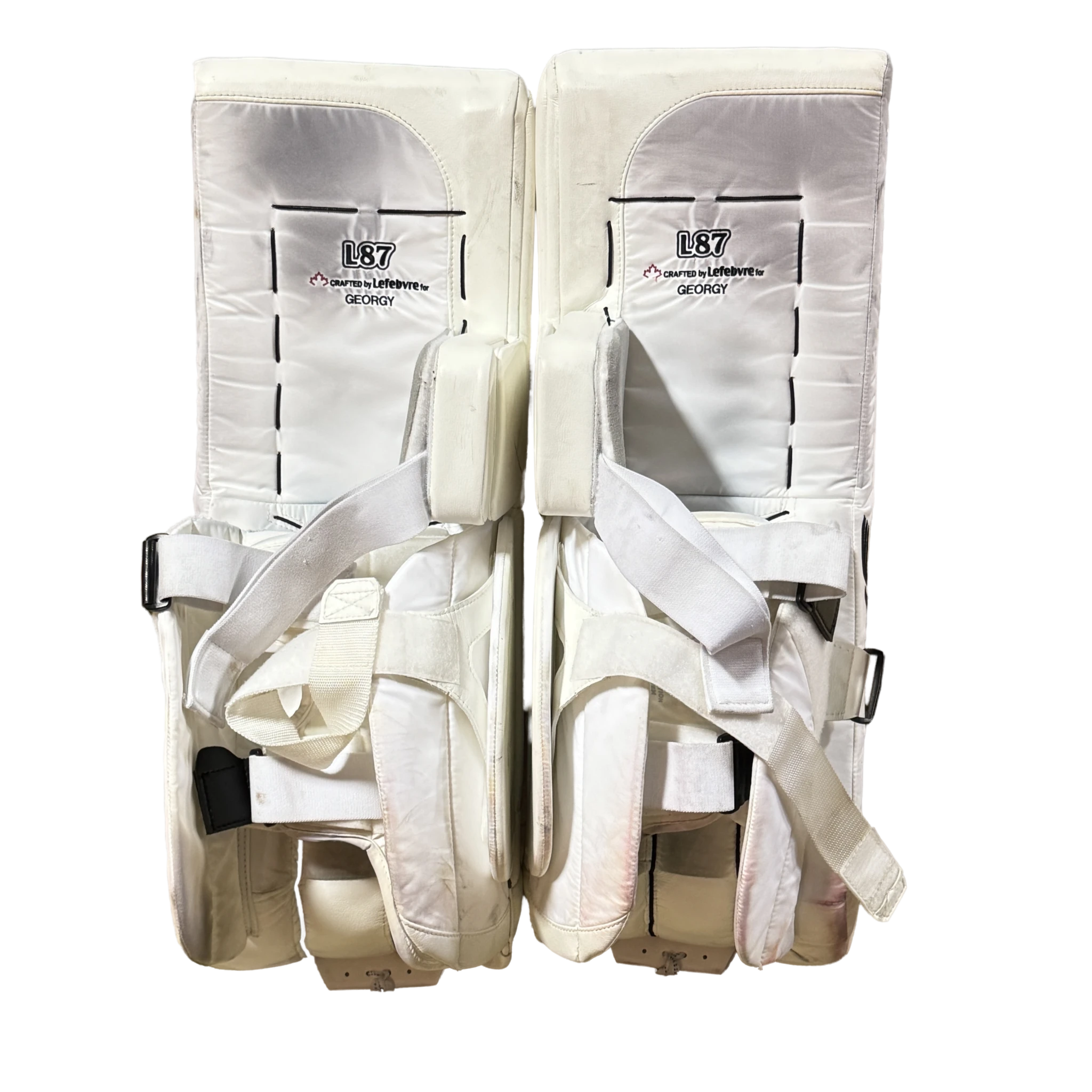 True Catalyst L87 - Used Pro Stock Goalie Pads - Carter George (White/Red/Black)