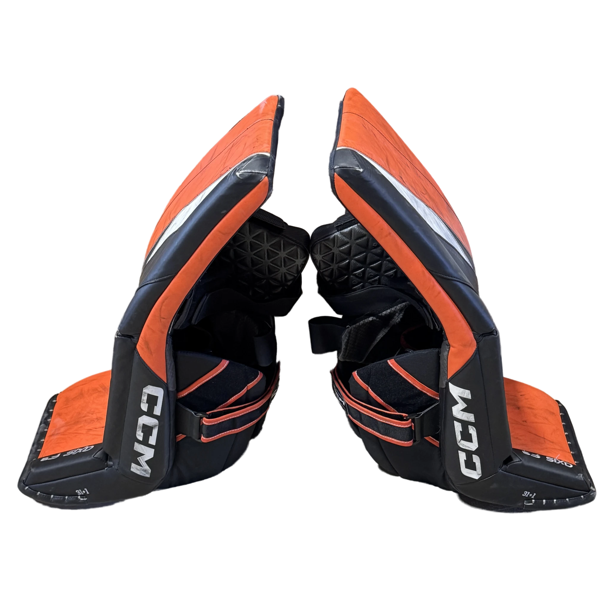 CCM Axis F9 - Used Intermediate Pro Stock Goalie Pads (Orange/Black/White)