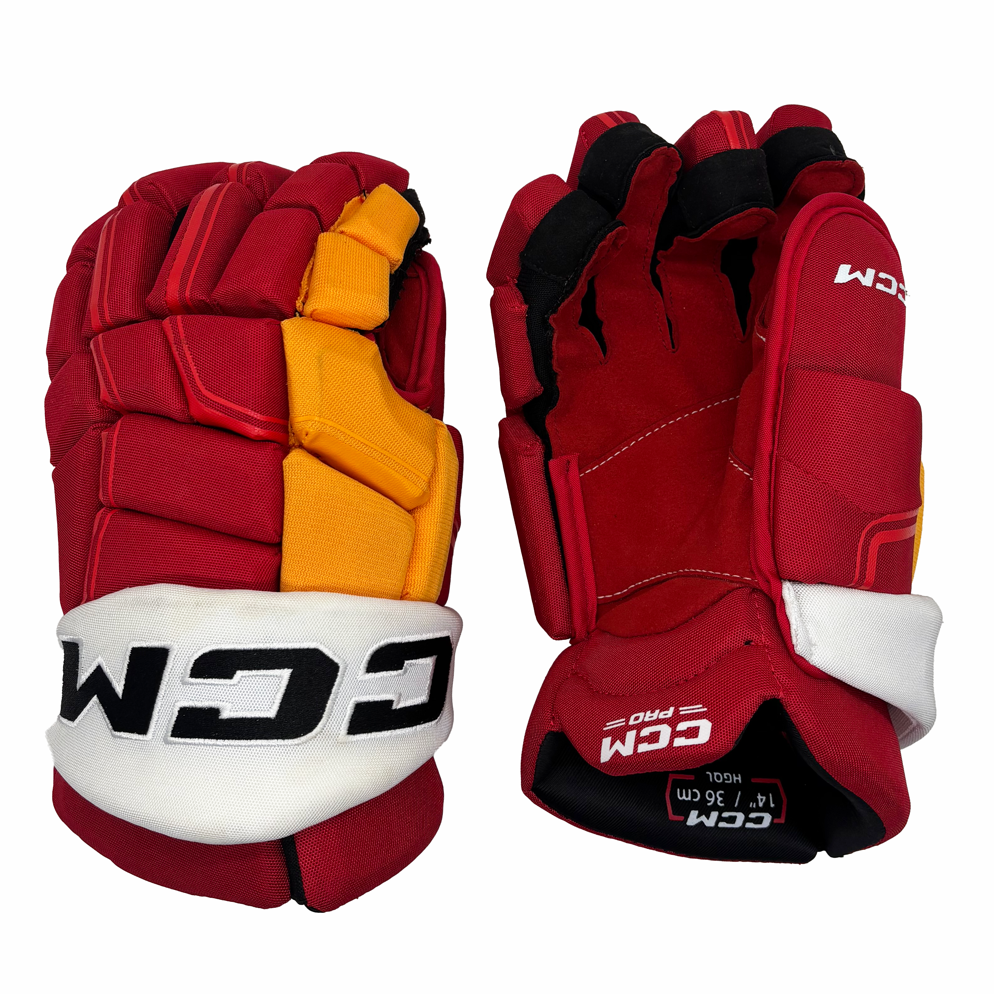CCM HGQL - NHL Pro Stock Glove - Calgary Flames (Red/Yellow/White) *Red Palm