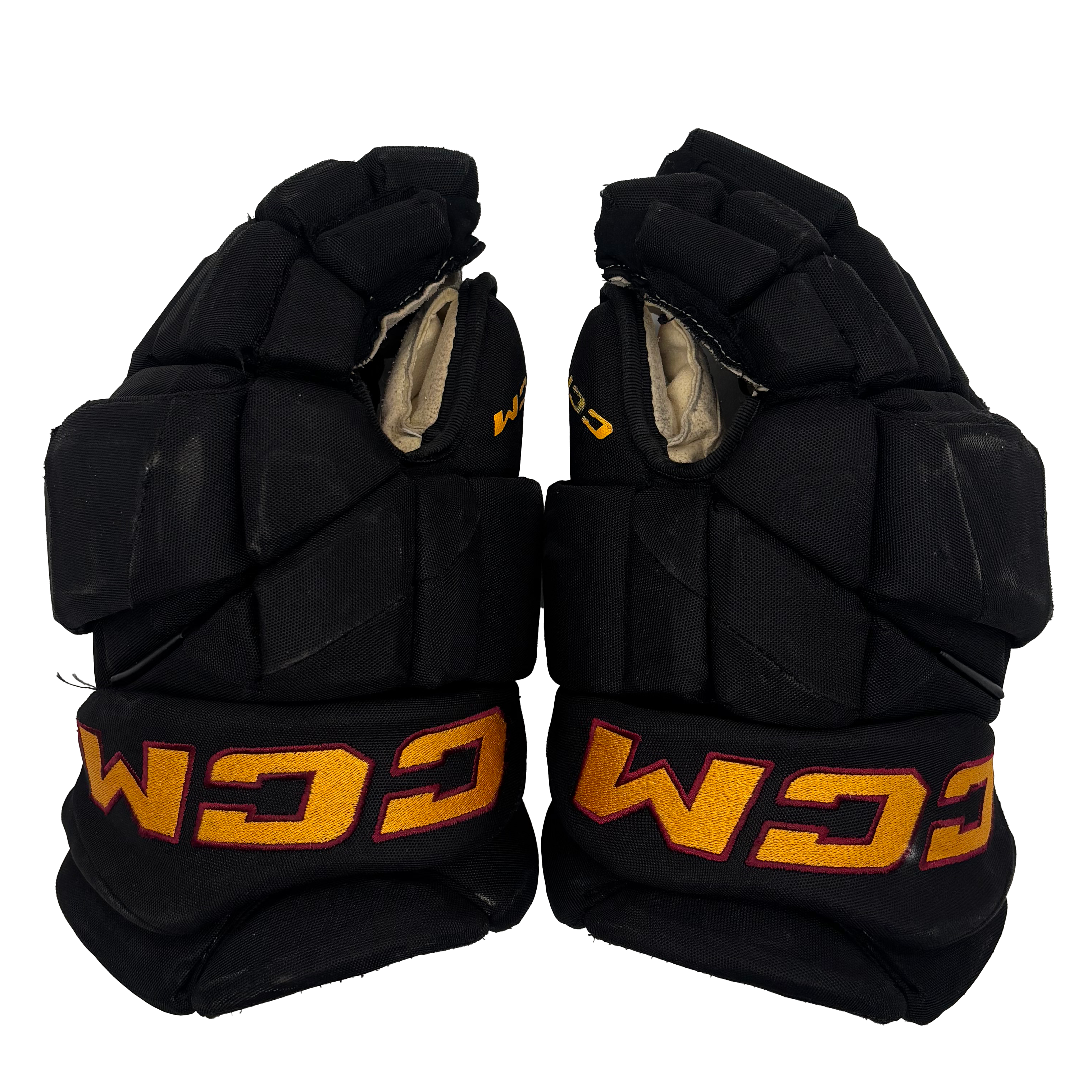 CCM HGJSPP - Used AHL Pro Stock Hockey Gloves (Black/Gold/Maroon)