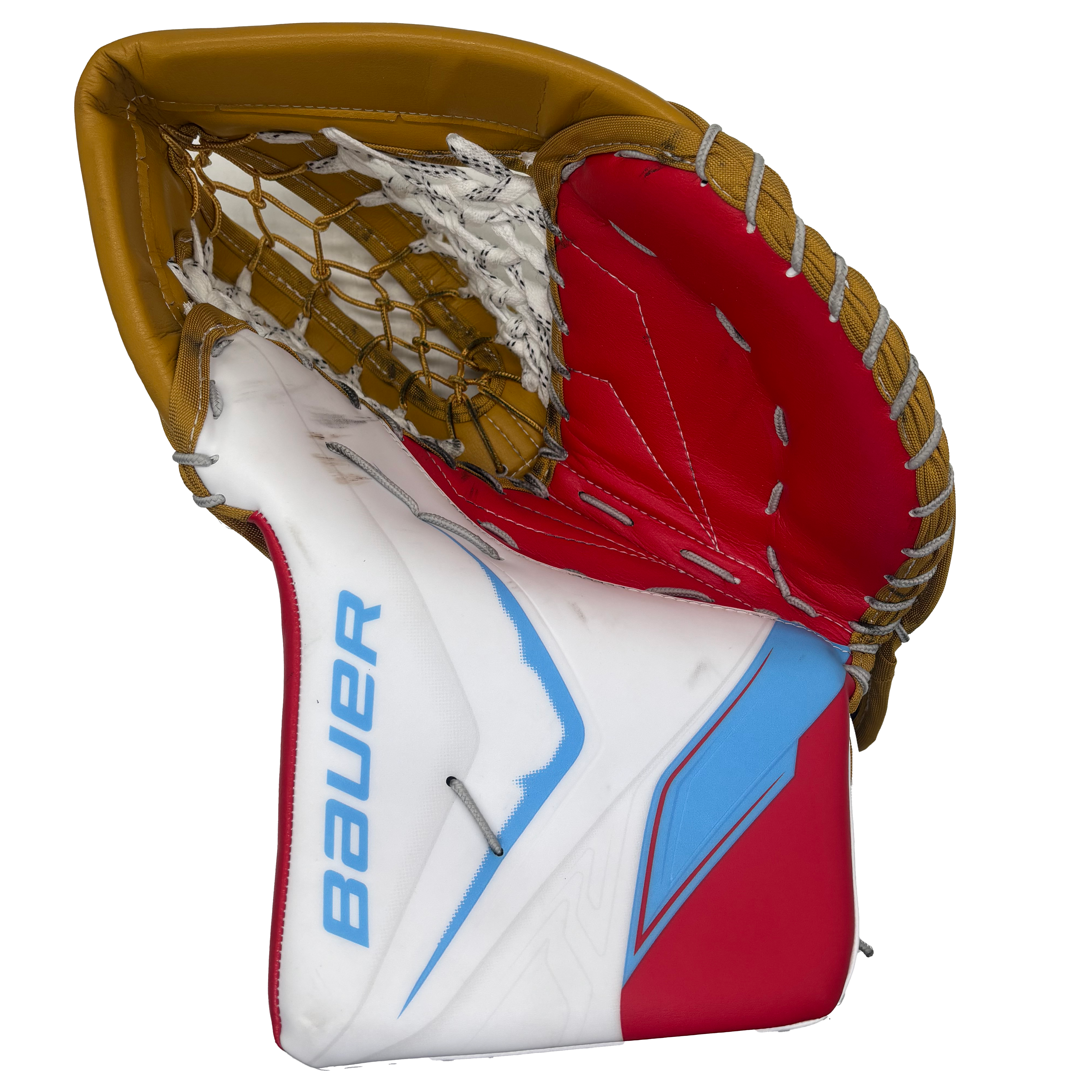 Bauer Vapor Flylite - Used Pro Stock Goalie Glove (Red/White/Tan/Baby Blue)