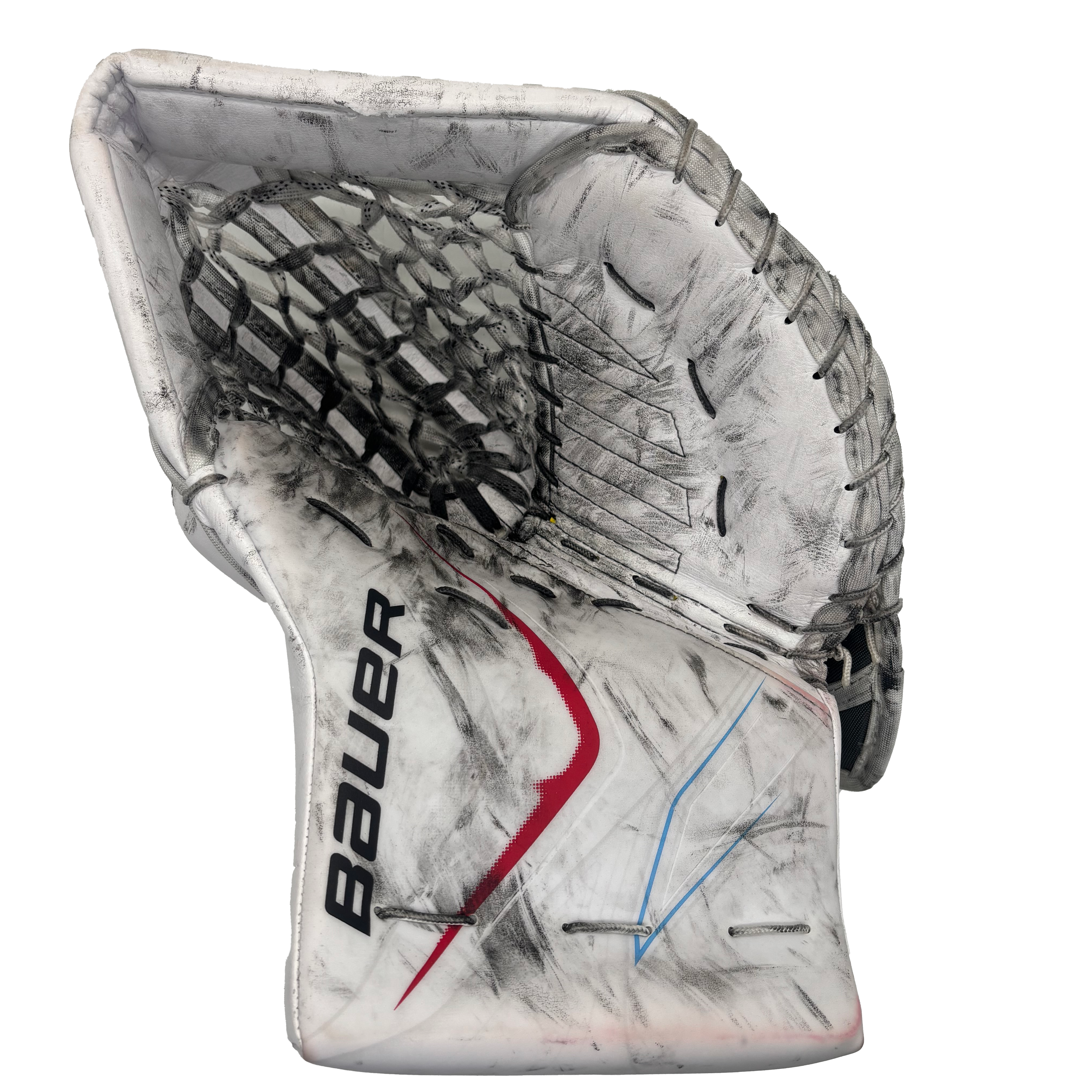 Bauer Vapor Flylite - Used Pro Stock Goalie Glove (White/Red/Baby Blue)