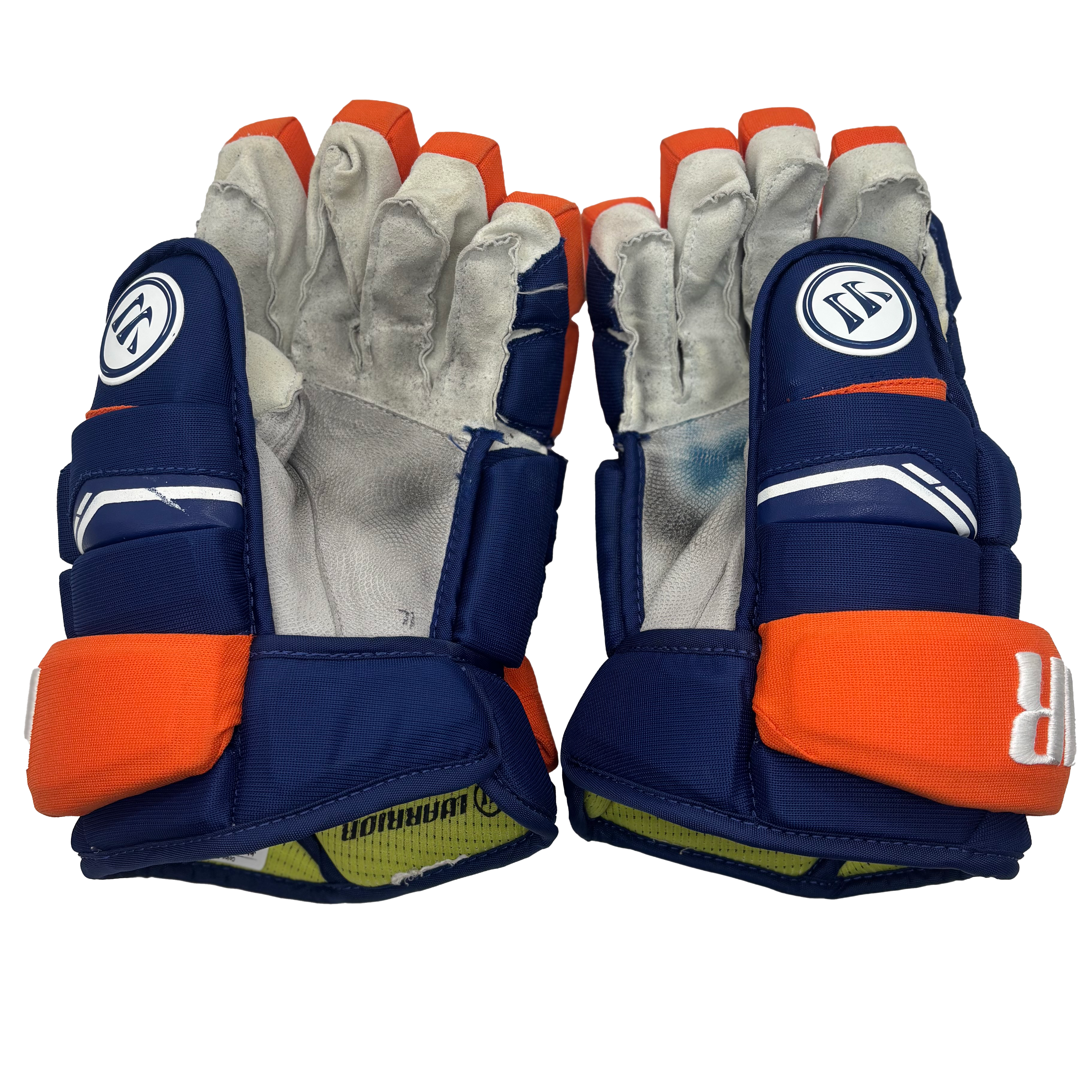 Warrior Alpha DX - Used NHL Pro Stock Hockey Gloves - Ross Johnston (Blue/Orange)