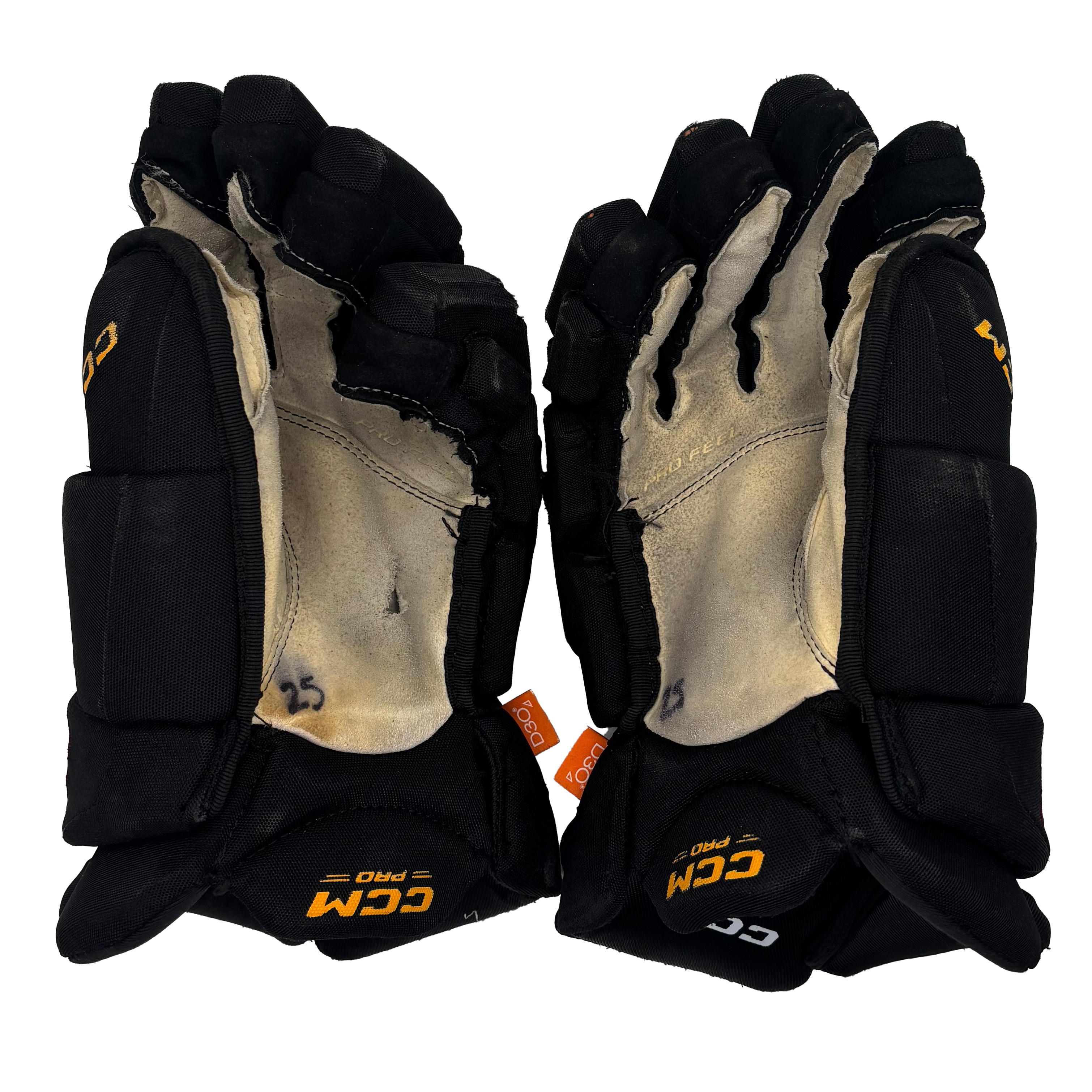 CCM HGJSPP - Used AHL Pro Stock Hockey Gloves (Black/Gold/Maroon)