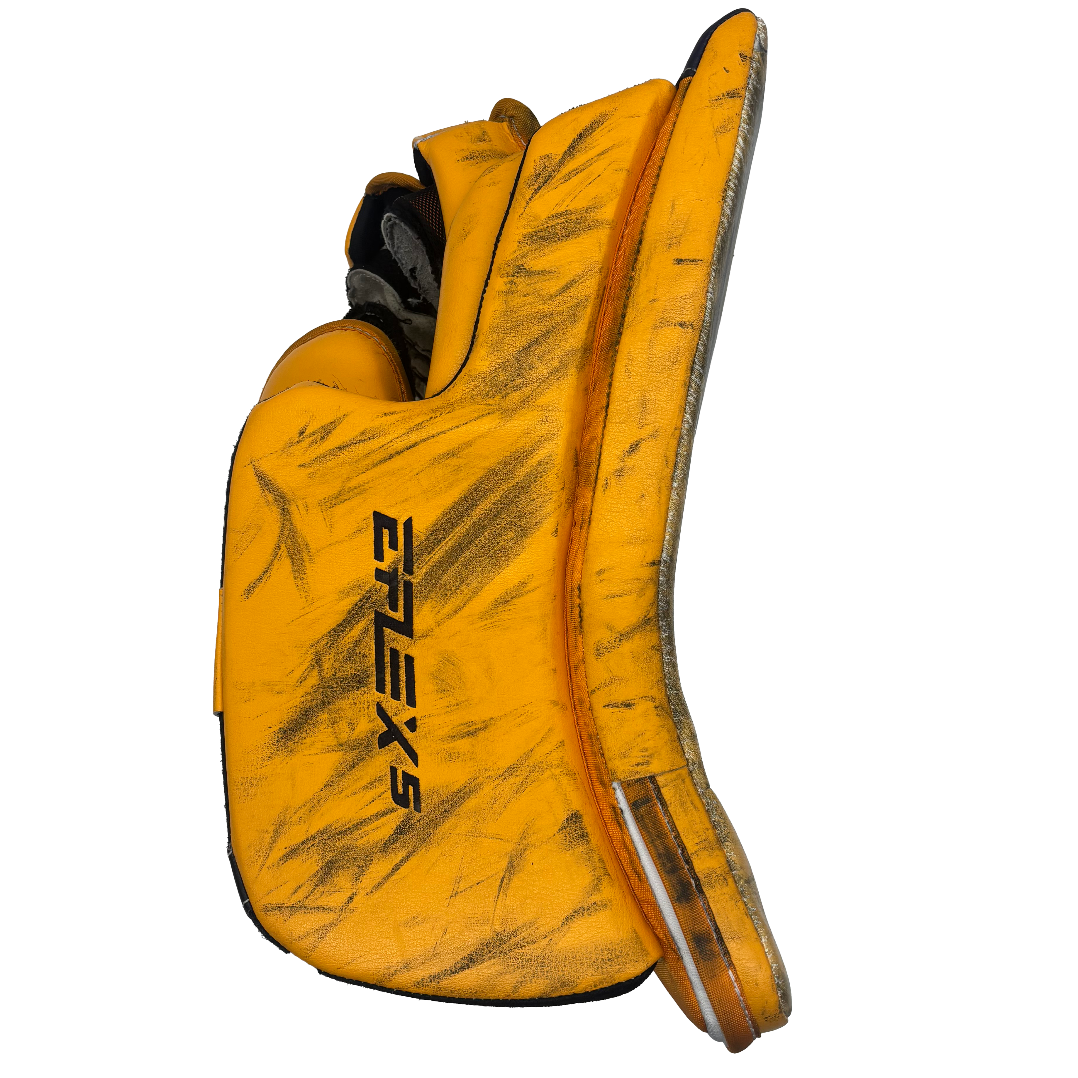 CCM Extreme Flex 5 - Used Pro Stock Goalie Blocker (Yellow/Navy)
