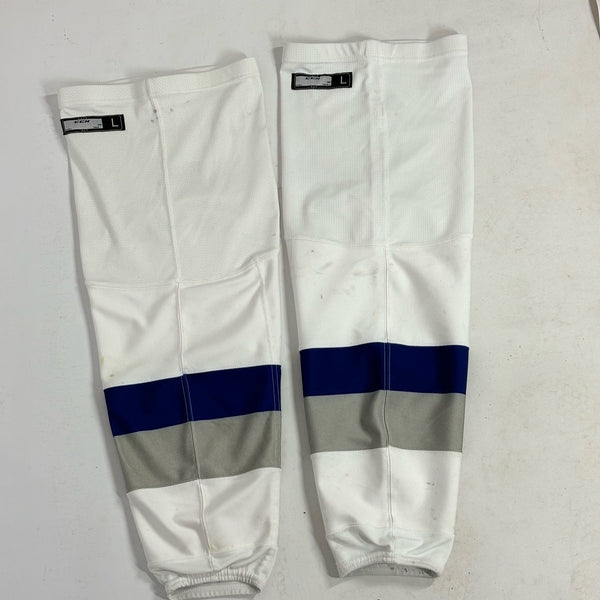 OHL - Used CCM Hockey Socks - Sudbury Wolves (White/Navy/Silver)