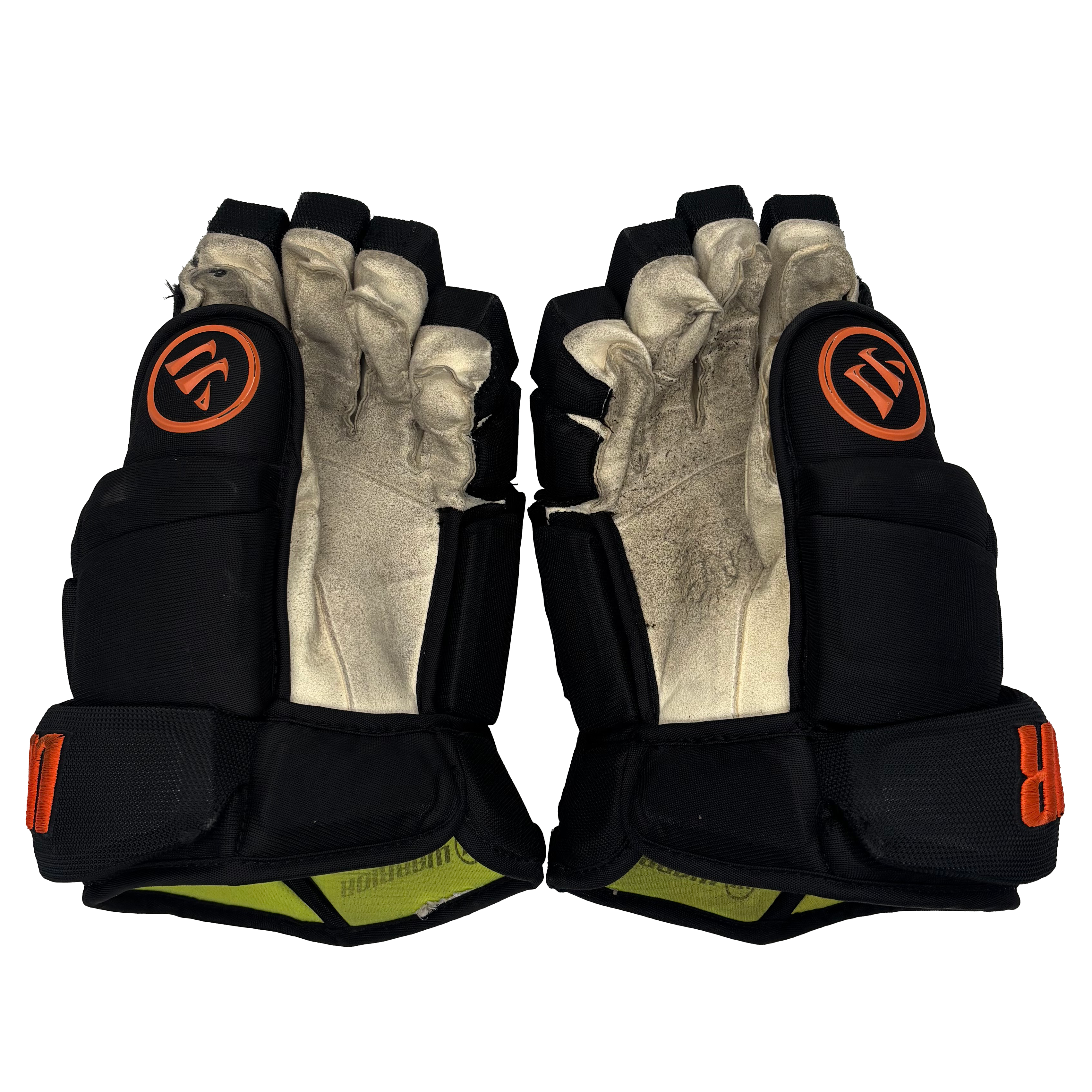 Warrior Alpha - Used ECHL Pro Stock Hockey Gloves (Black/Orange)