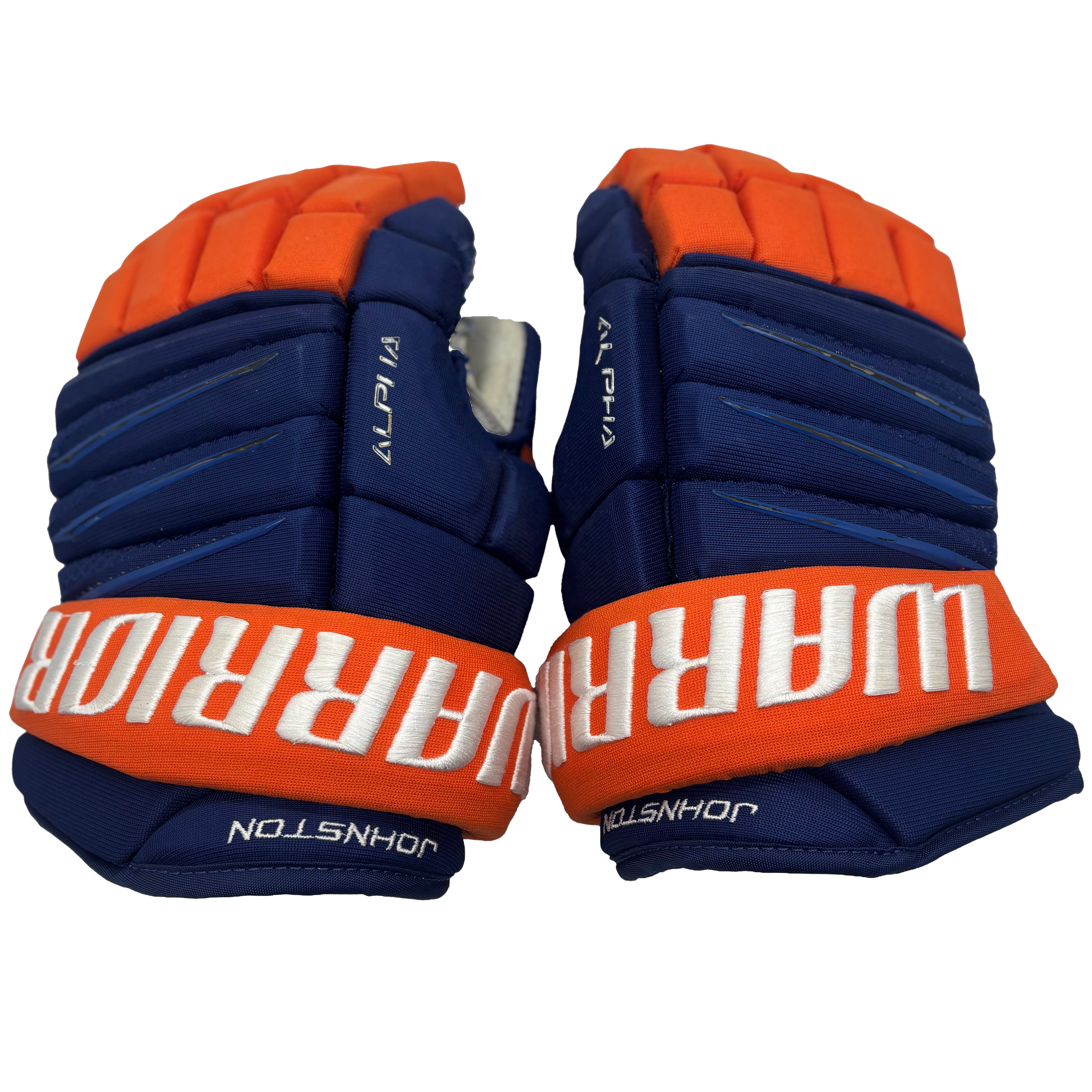 Warrior Alpha DX - Used NHL Pro Stock Hockey Gloves - Ross Johnston (Blue/Orange)