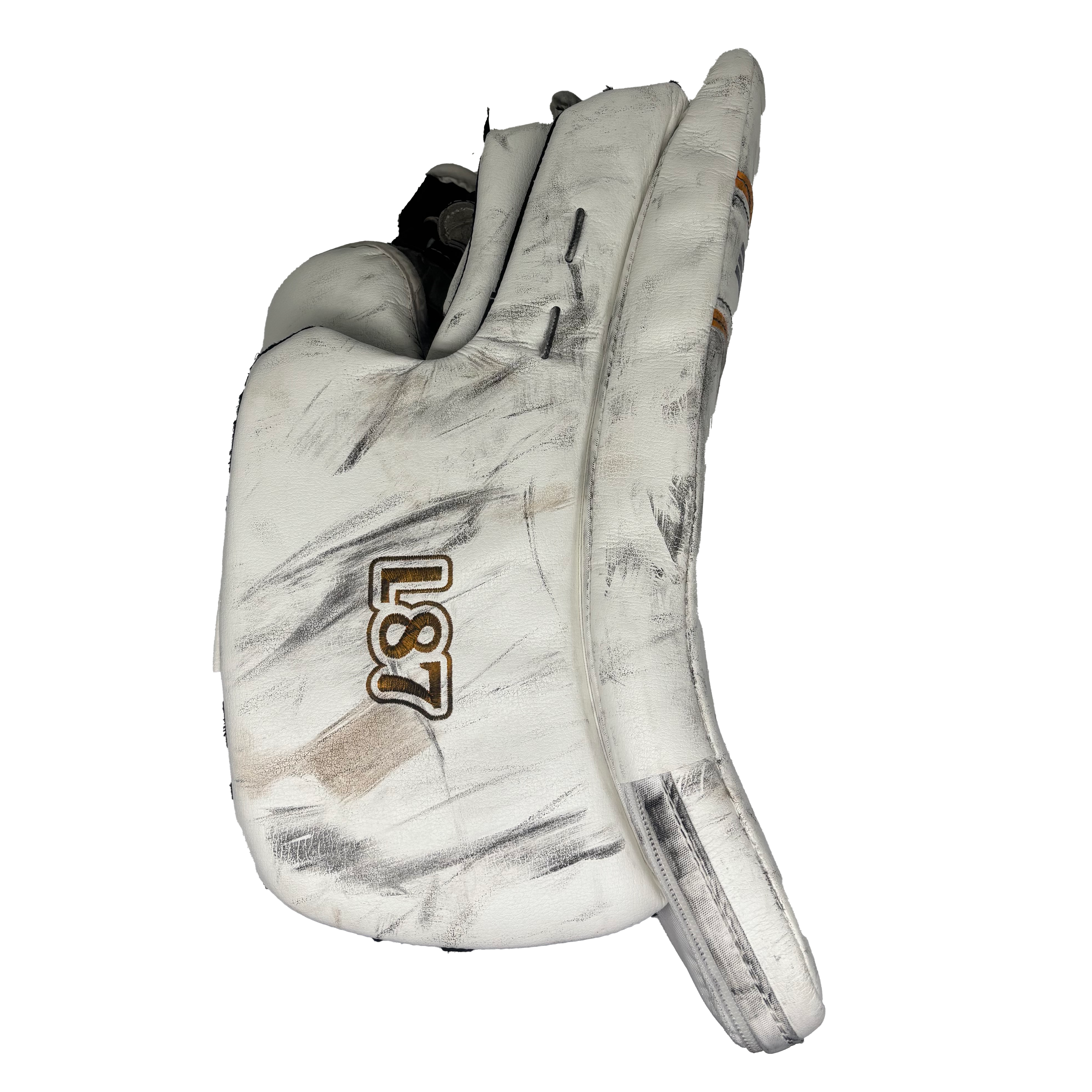 True L87 - Used NCAA Pro Stock Goalie Blocker (White/Yellow/Navy)