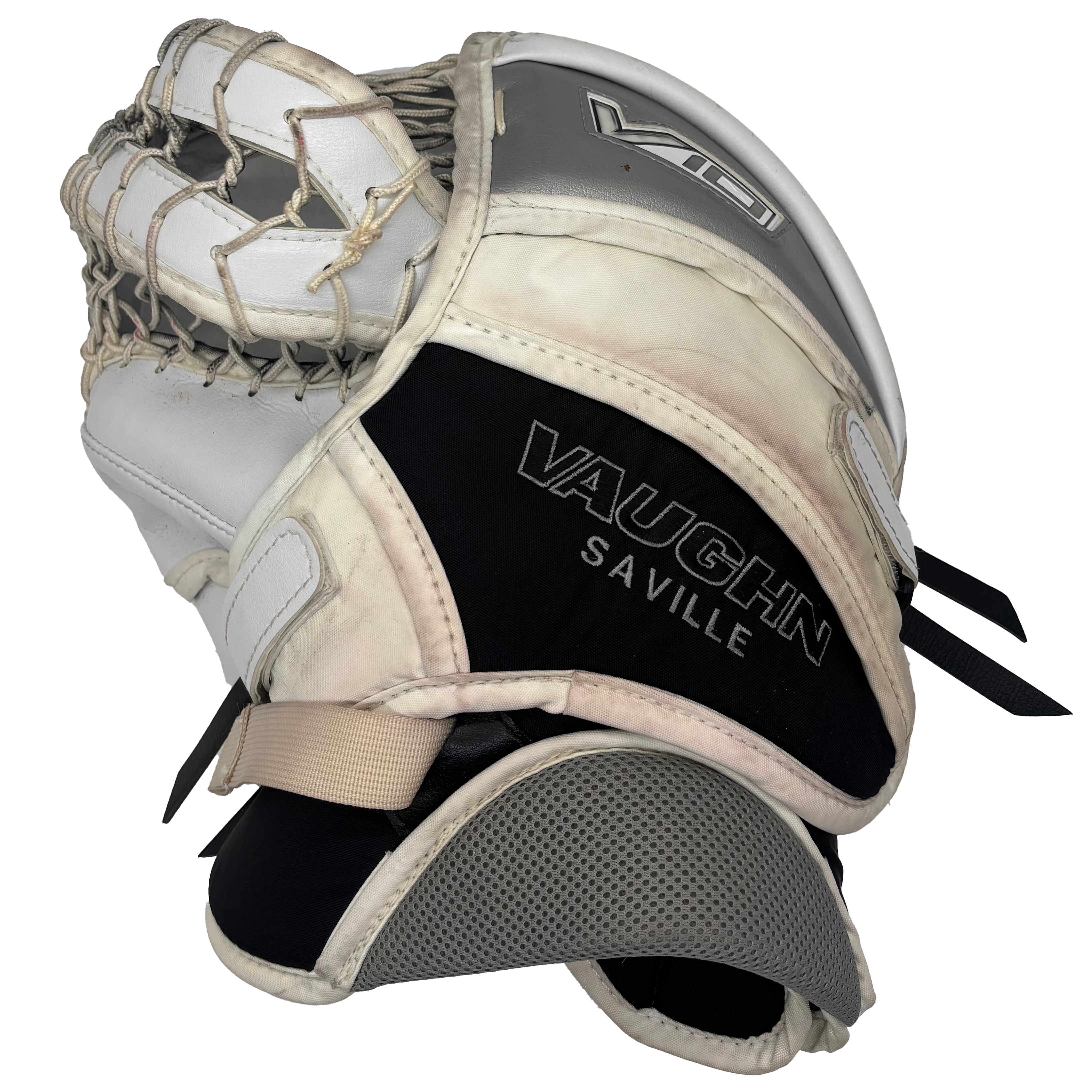 Vaughn Velocity V10 - Used Full Right Pro Stock Goalie Glove (White/Black/Silver)