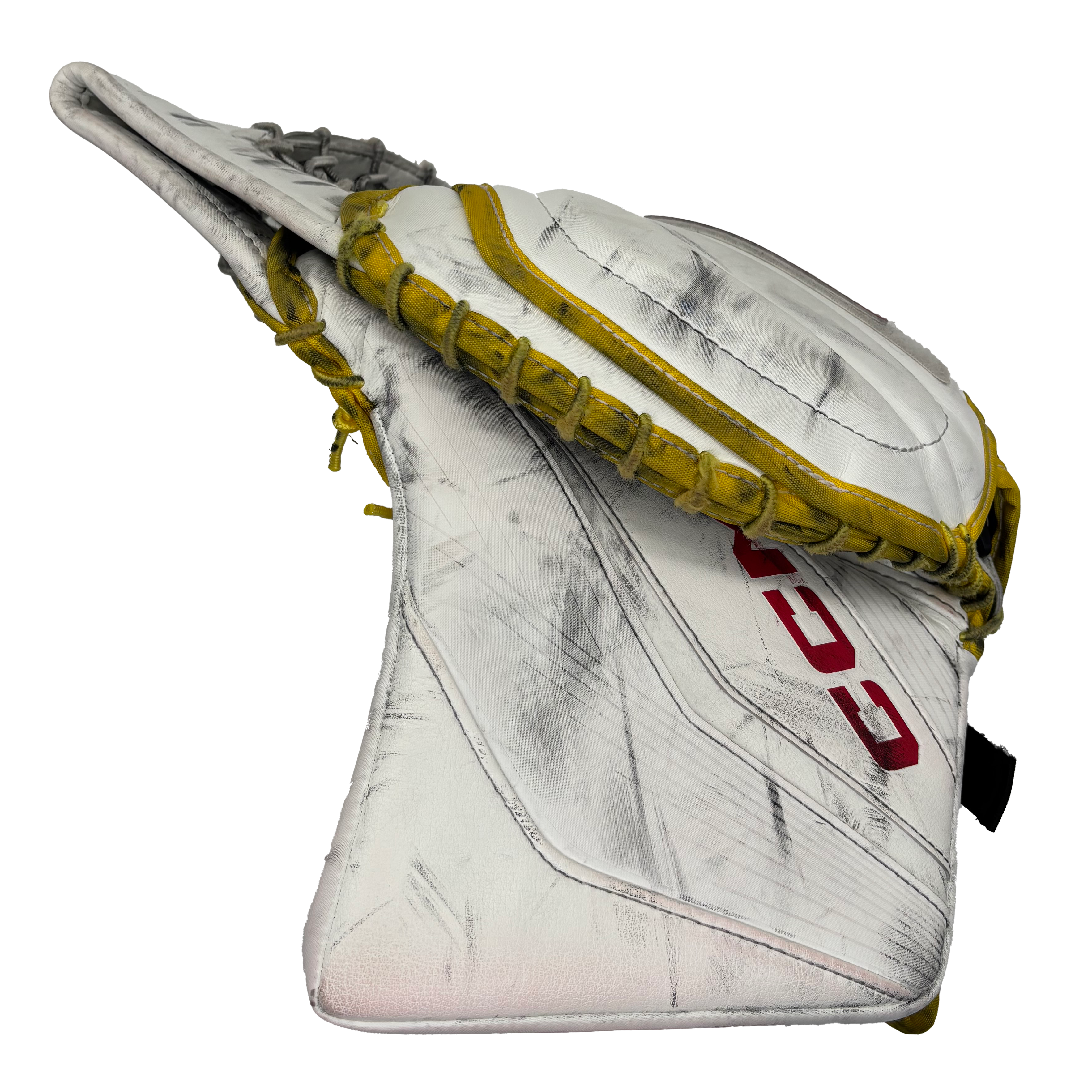 CCM Extreme Flex 6 - Used Pro Stock Goalie Trapper (White/Red/Yellow)