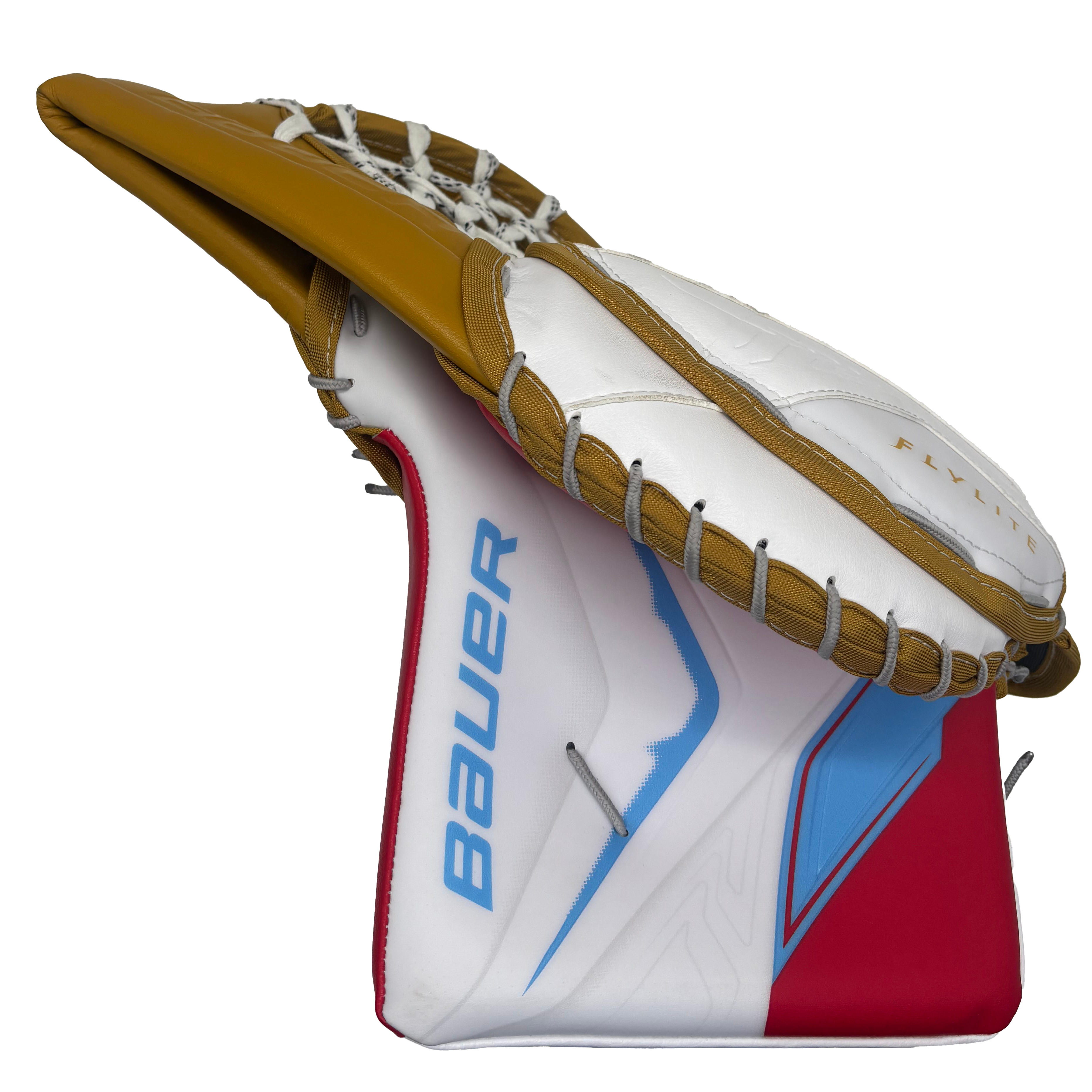 Bauer Vapor Flylite - Pro Stock Goalie Glove (Red/White/Tan/Baby Blue)