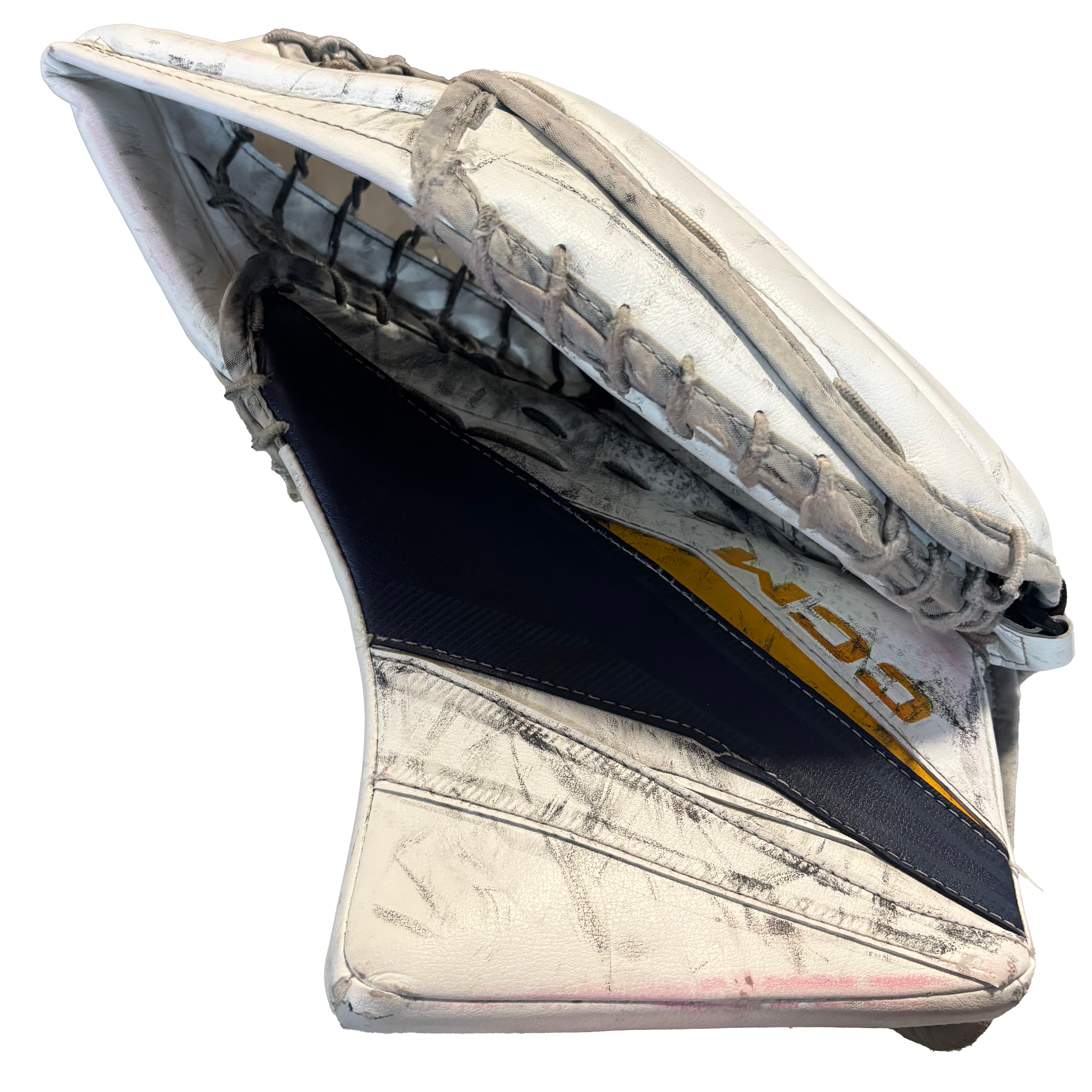 CCM Axis XF - Used Pro Stock Goalie Glove (White/Navy/Yellow)