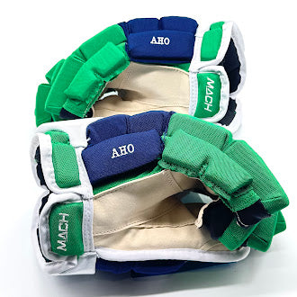 Bauer Supreme Mach - Gants de hockey NHL Pro Stock - Sebastian Aho (Bleu/Vert/Blanc)