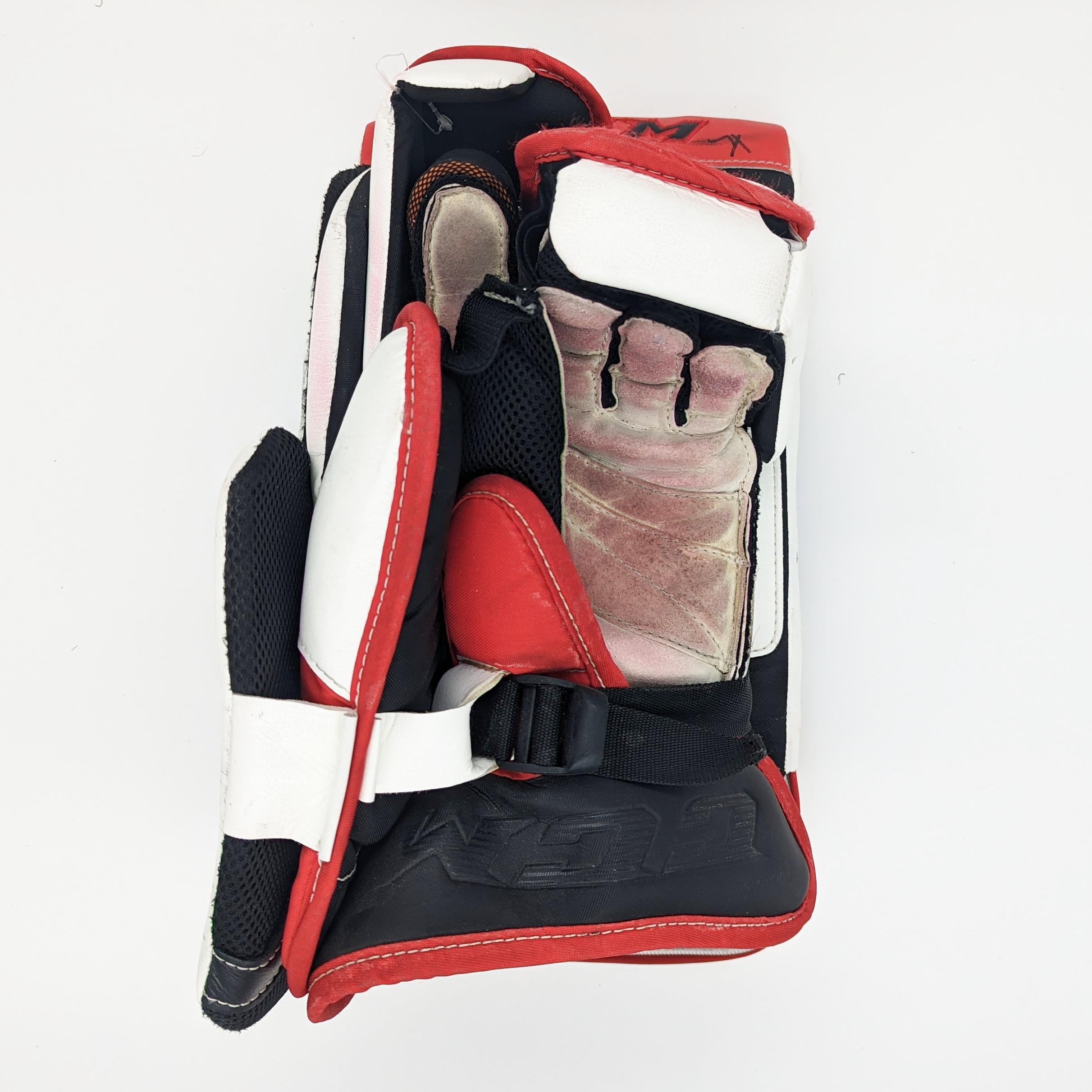 CCM Extreme Flex 5 - Used Pro Stock Full Right Goalie Blocker (White/Red/Yellow)