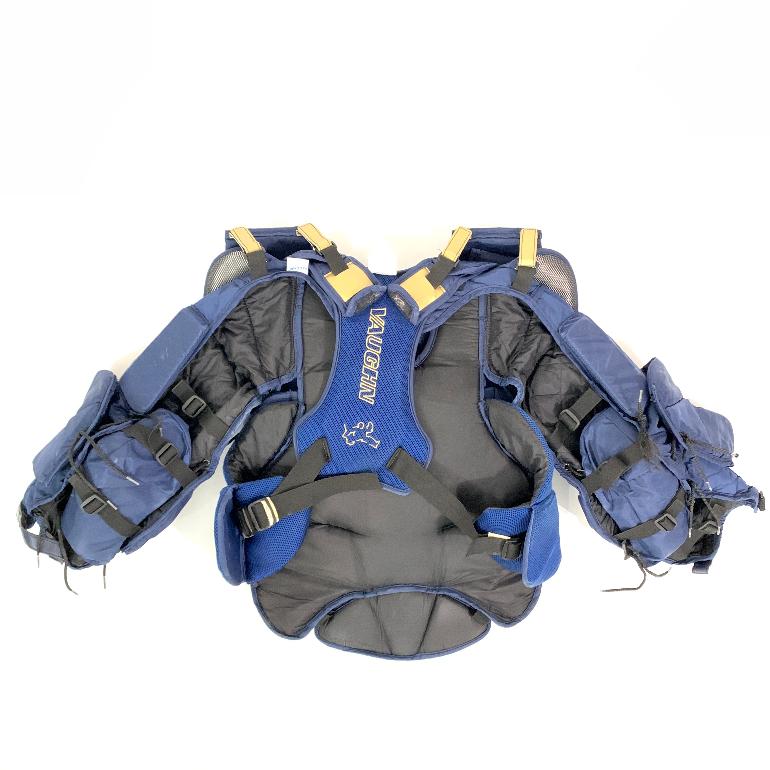 Vaughn V5 7800 - Plastron de gardien de but Pro Stock d'occasion (bleu marine/doré)