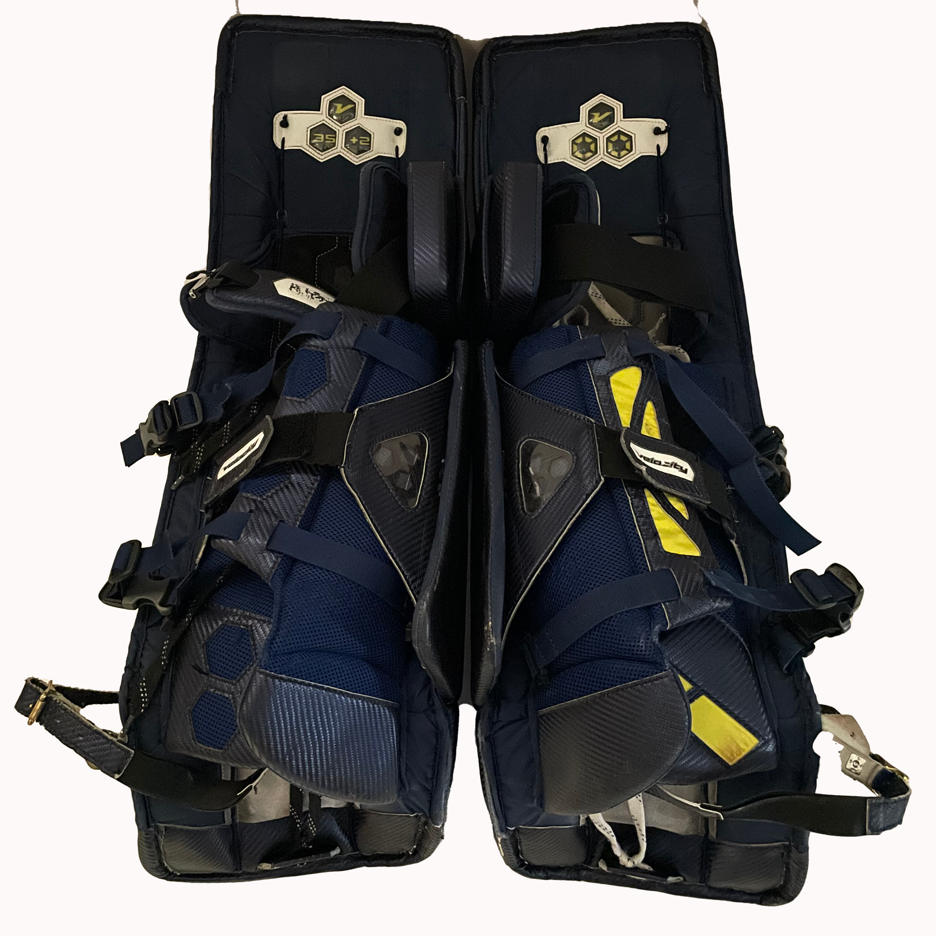 Vaughn Velocity V8 - Jambières de gardien de but Pro Stock d'occasion (bleu marine/blanc/jaune)